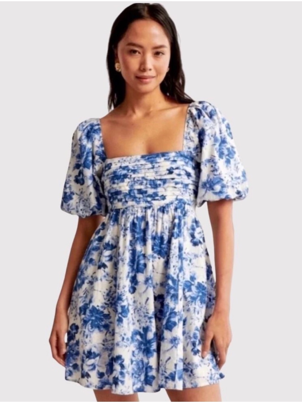 Abercrombie & Fitch Women’s Blue White Floral Smocked Puff Sleeve Dress Large